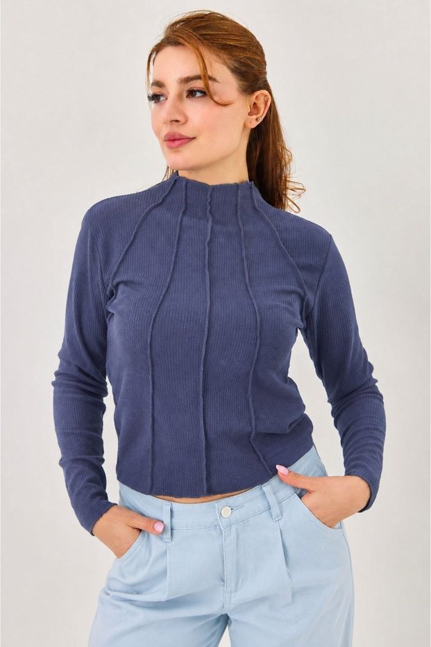 Anthracite Flexible Textured Long Sleeve Modern Cut Knitted Blouse with Stitching Detail and Easy-To-Coordinate Design