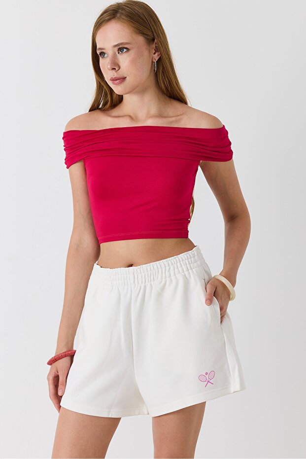 Ecru Cotton Elastic Waist Two-Thread Fabric Embroidered Print Detailed Relaxed Cut Shorts