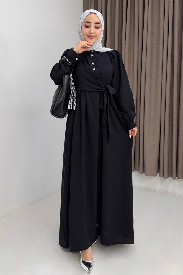 Black Tensel Fabric Unlined Straight Cut Front Buttoned Dress Suitable for Daily Use