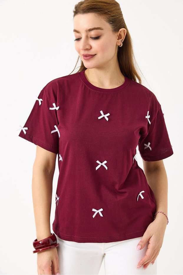 Burgundy Cotton Fabric Crew Neck Short Sleeve Fit Cut Bow Detail Knitted T-Shirt