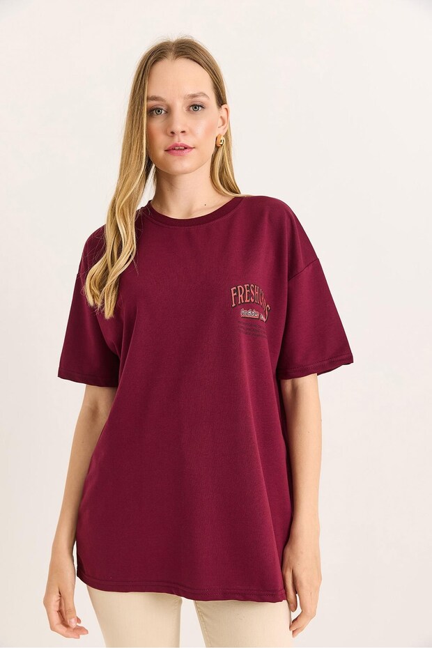 Burgundy Cotton Crew Neck Short Sleeve Relaxed Fit Chest Printed Loose T-Shirt