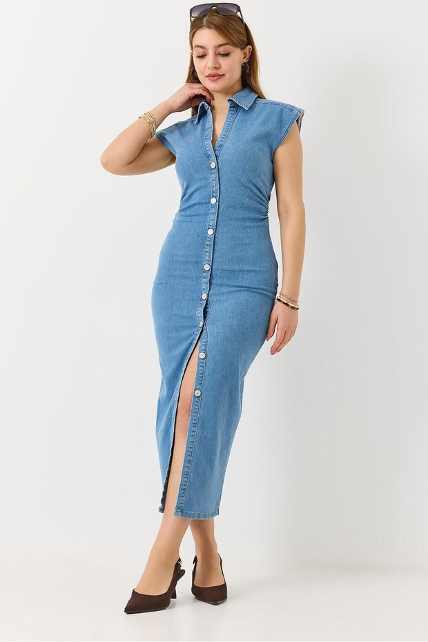 Light Blue Lycra Stretch Fabric Shirt Collar Slim Fit Draped Detailed Buttoned Denim Dress