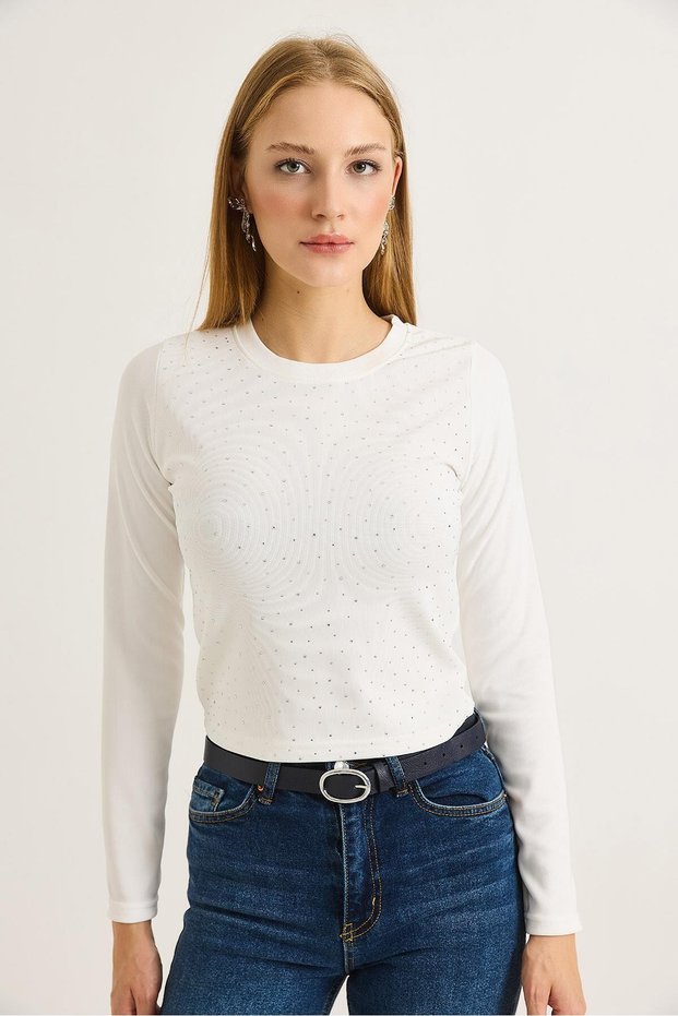 White Ottoman Fabric Crew Neck Long Sleeve Comfortable Fit Blouse with Stone Embroidery Detail on the Front