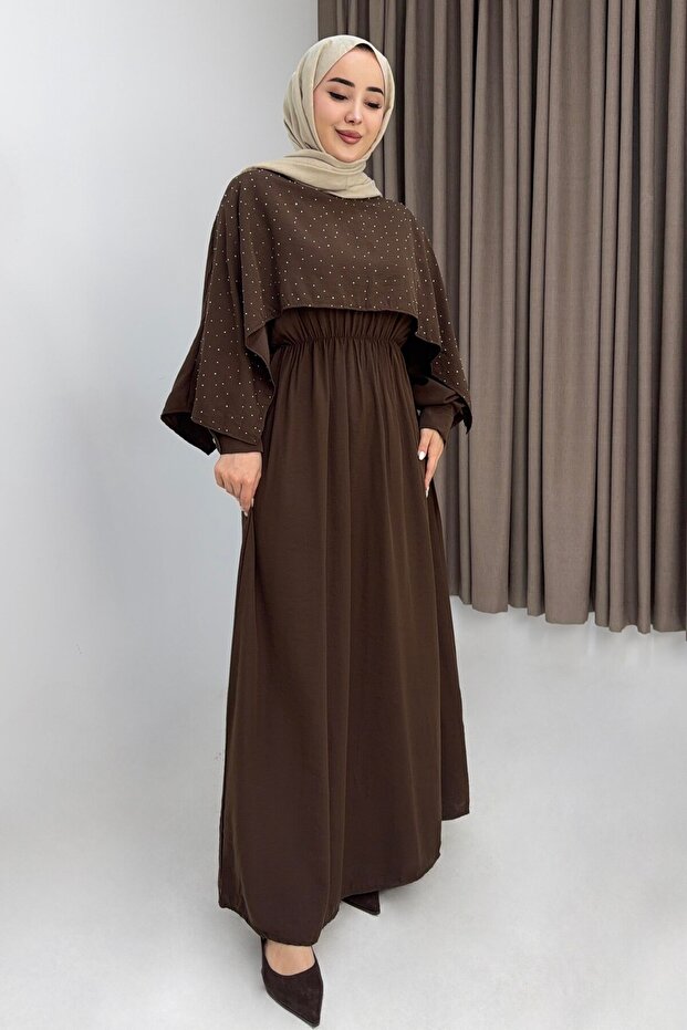 Brown Batwing Sleeve, Drawstring Waist, Comfortable Cut, Stone Detailed Dress Suitable for Hijab Wear