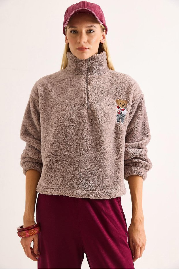 Light Brown Welsoft Soft Textured Stand Collar Zipper Detailed Embroidered Sweatshirt
