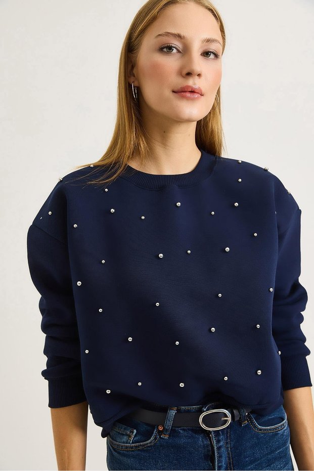 Navy Blue Three-Thread Fabric Crew Neck Low Shoulder Stone Embroidered Detailed Sweatshirt