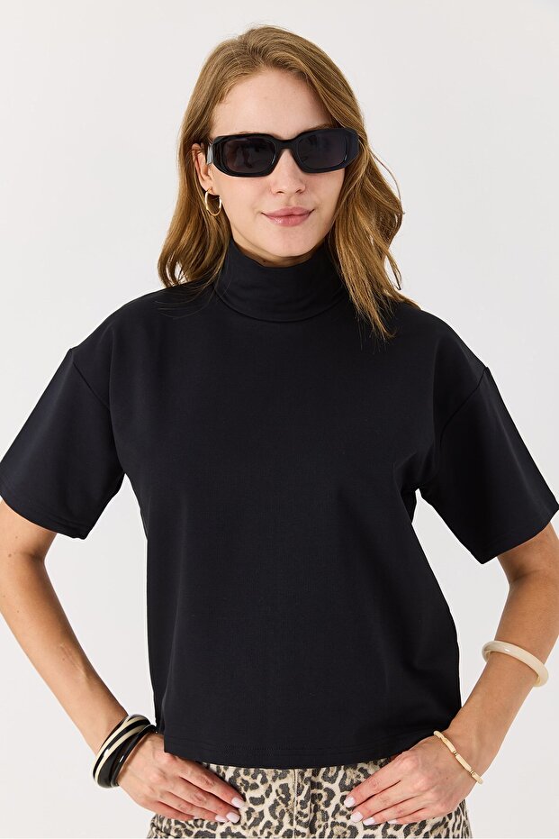 Black Modal Fabric Turtleneck Short Sleeve Modern Cut Soft Textured Knitted T-Shirt