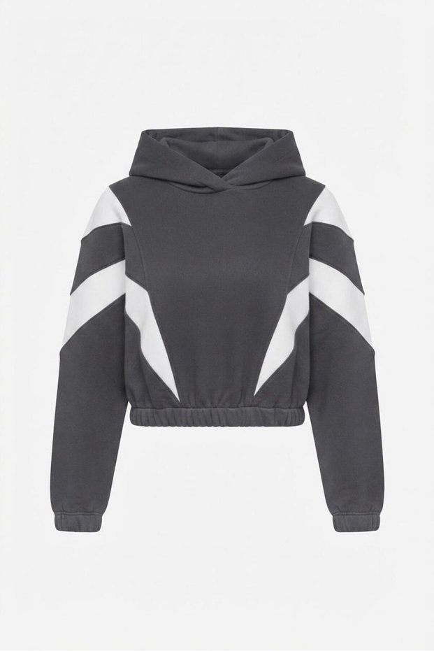 Anthracite Cotton Fabric, Elastic Waist, Hooded Collar, Stripe Detail, Relaxed Fit Sweatshirt