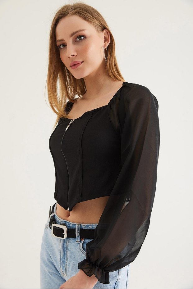 Black Stretchy Lycra Square Collar Long Tulle Sleeves Slim Fit Blouse with Zipper Detail on the Front