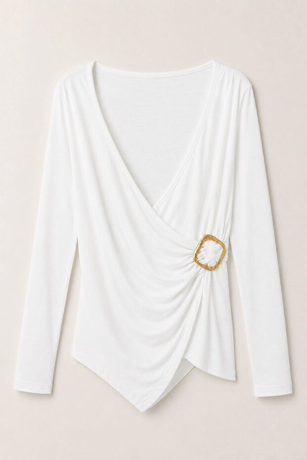 White Stretchy Lycra Fabric V-Neck Long Sleeve Asymmetrical Cut Side Buckle Detailed Blouse