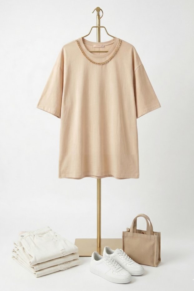 Beige Knitted Fabric Crew Neck Relaxed Fit Short Sleeve T-Shirt with Gold Chain Accessory Detail