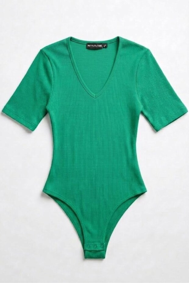 Green Stretchy Fabric V-Neck Short Sleeve Knitted Blouse with Snap Buttons at the Bottom