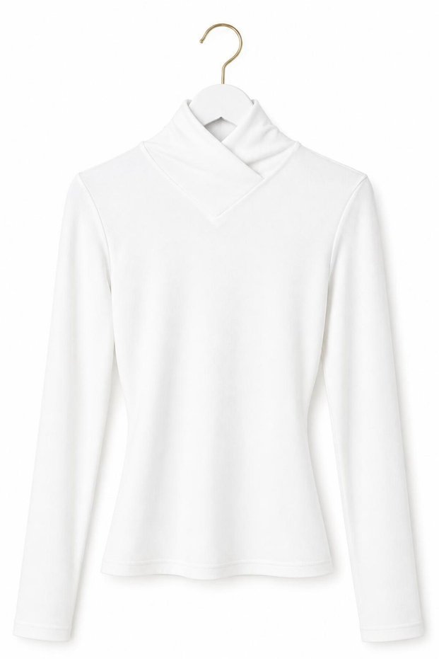 White Polyester Fabric Stand Collar Long Sleeve Slim Fit Soft Textured Blouse