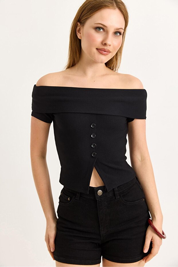 Black Ribbed Knitted Fabric Boat Neck Short Sleeve Slim Fit Stretchy Blouse with Button Detail on the Front