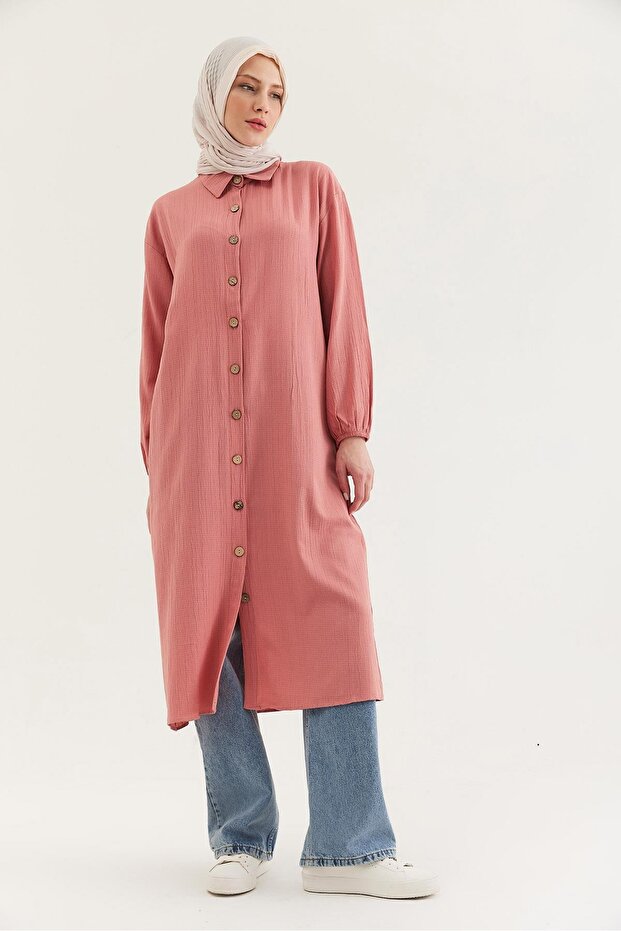Dusty Rose Linen Fabric Shirt Collar Long Sleeve Relaxed Fit Full Length Buttoned Hijab Tunic
