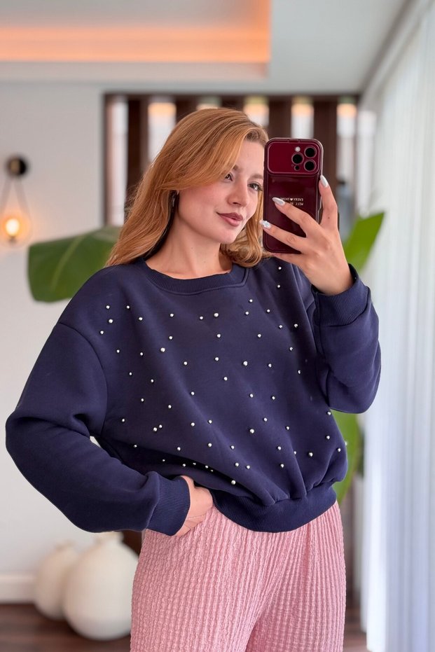 Navy Blue Cotton Crew Neck Long Sleeve Relaxed Fit Stone Detailed Knitted Sweatshirt