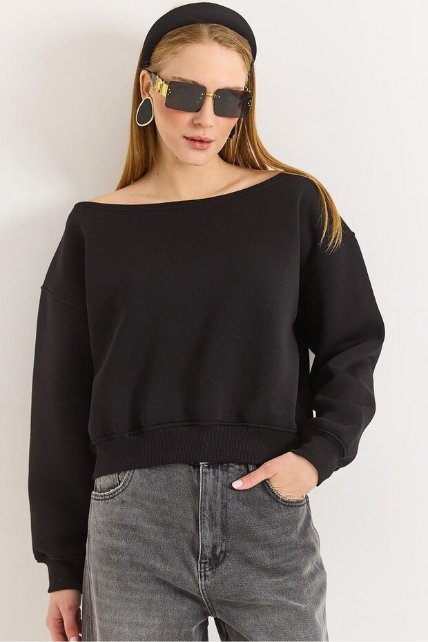 Black Three Thread Ribbed Boat Neck Low Shoulder Ribbed Detailed Comfortable Fit Sweatshirt