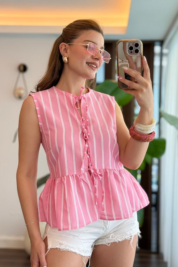 Pink Cotton Woven Fabric Sleeveless Round Neck Front Tie Blouse with Peplum Detail