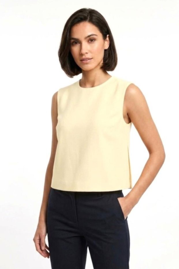 Yellow Woven Fabric Crew Neck Sleeveless Modern Cut Crop Blouse with Side Slit Detail