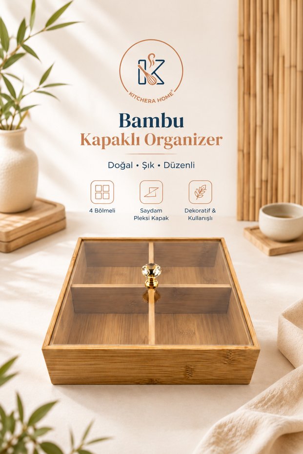 Modern Bamboo Square Four-Compartment Sugar Bowl with Lid 20 cm Snack Bowl Presentation Organizer