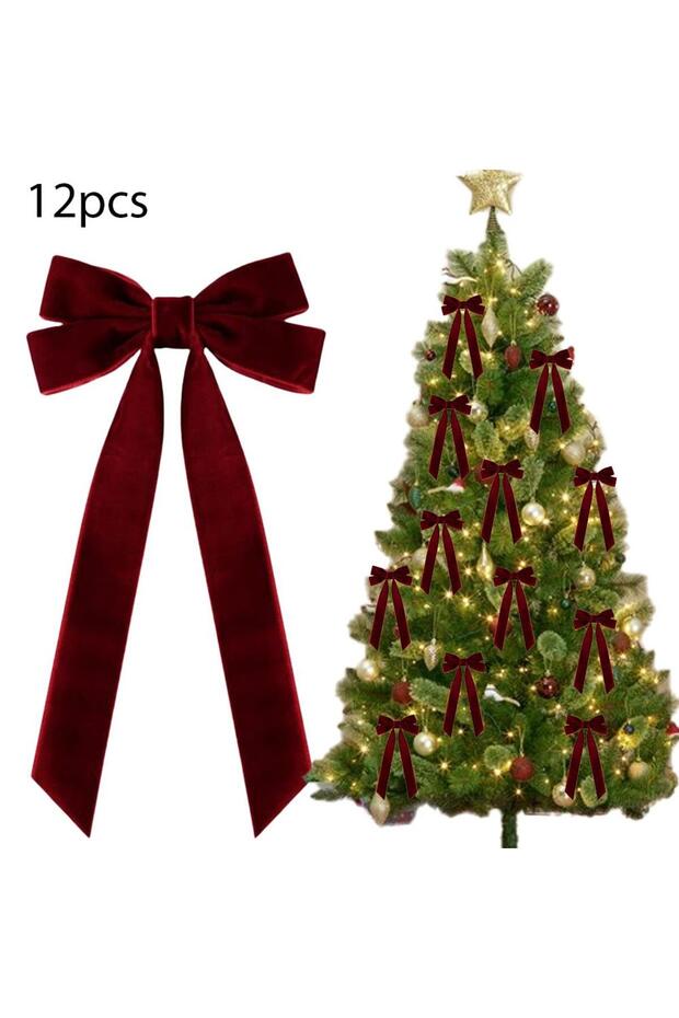 25cm RED2 12PCS Velvet Christmas Bows Christmas Tree DIY Hanging Ornaments Ribbon Bow Gift Wrapping