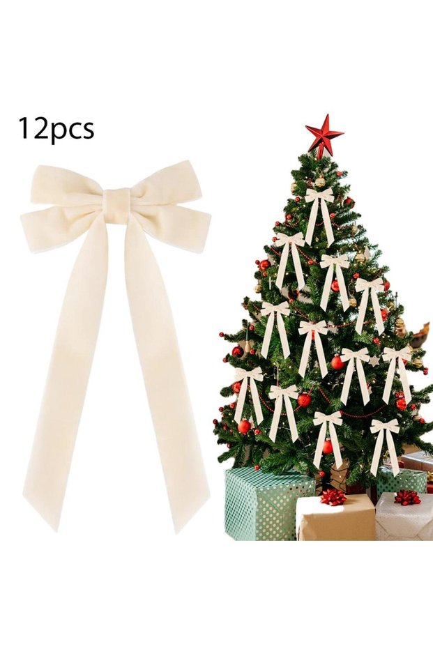 25cm Beige 12PCS Velvet Christmas Bows Christmas Tree DIY Hanging Ornaments Ribbon Bow Gift Wrapping