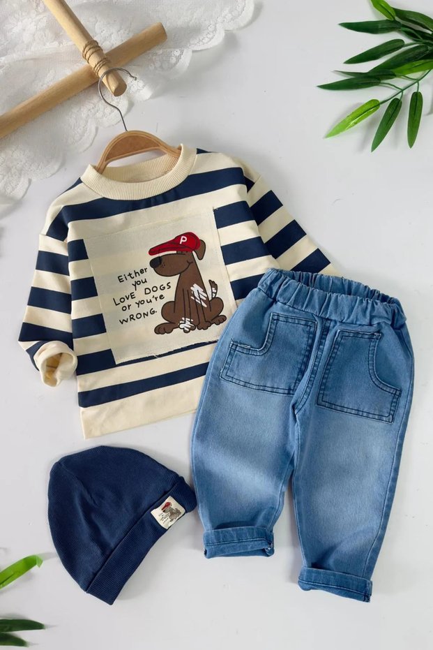 My Little One's Striped Dog Printed Sweatshirt and Jeans Baby Boy 3-Piece Set - Navy Blue