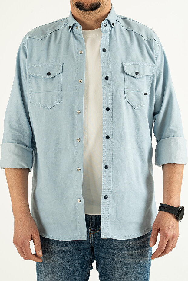 Men's Light Blue Slim Fit Denim Shirt with Cotton Snap Buttons and Double Pockets