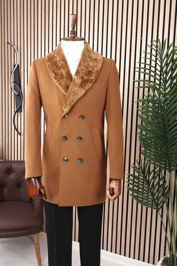 Jancarlucci̇ Men's K Double-Breasted Slim Fit Cinnamon Detachable Fur Collar Detailed Cashmere Coat