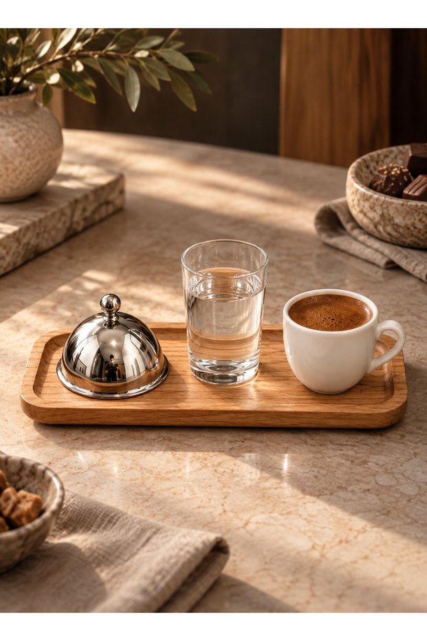 3 Piece Turkish Coffee Presentation Set with Wooden Tray
