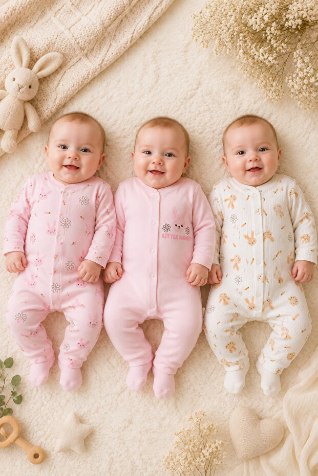 Little Rabbit Patterned 3-Piece Baby Girl Jumpsuit