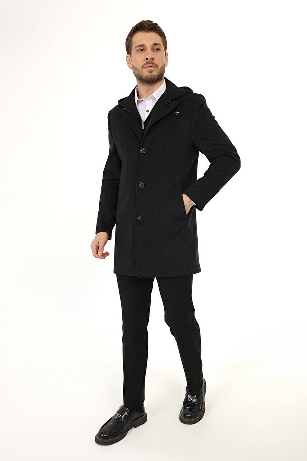 Cashmere Hooded Over-The-Knee Coat-Anthracite