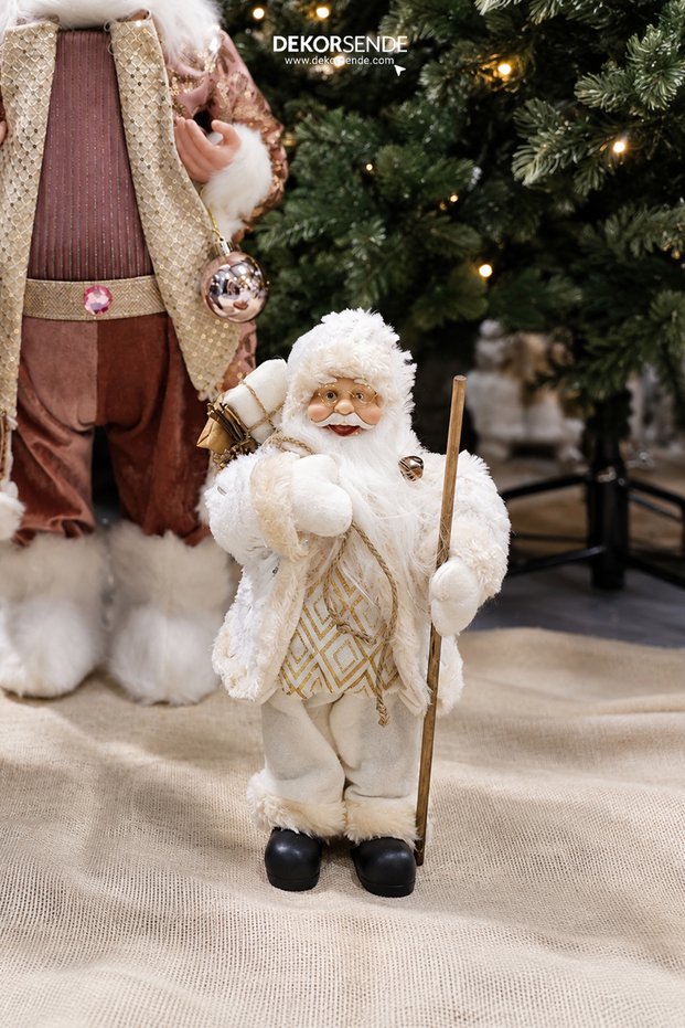 Baklava Patterned Santa Claus White Gold 30 cm