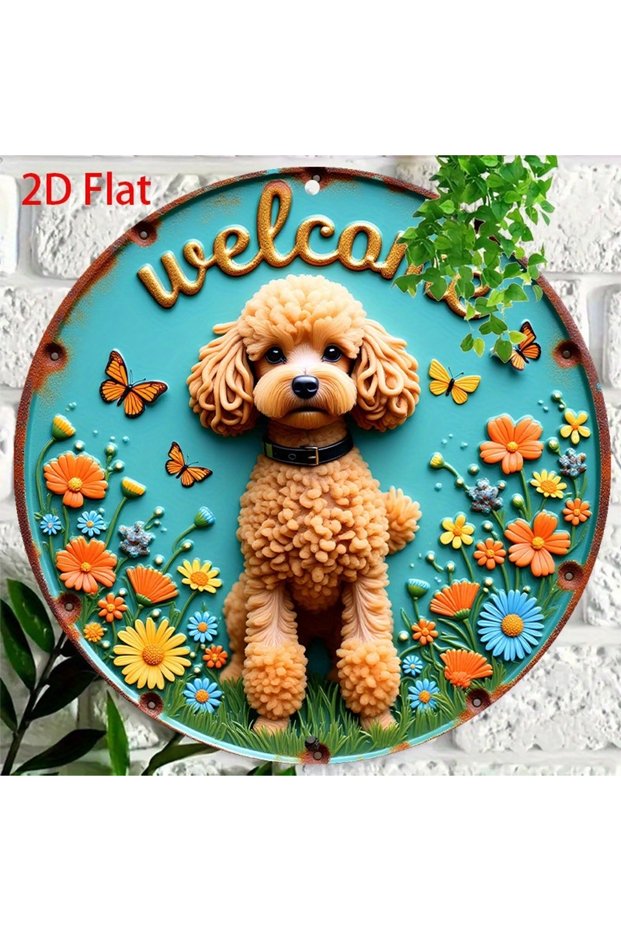 20x20cm 1 8in Round Wooden Disc Plate 2D Flat Poodle Design with Colorful Flowers Butterflies Garage