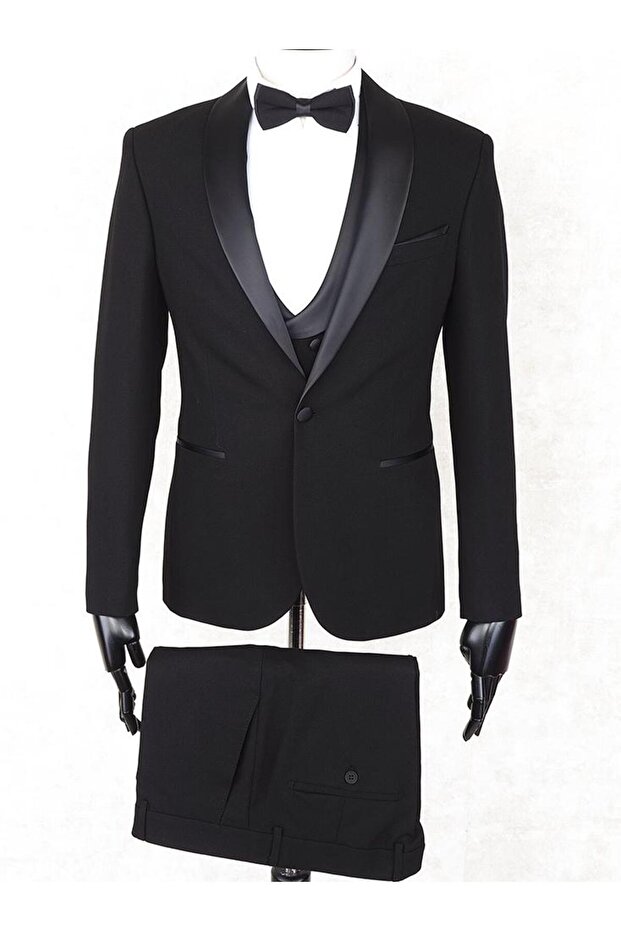 Slimfit Black Shawl Collar Groom Suit Jacket - Vest - Pants - Shirt - Bow Tie