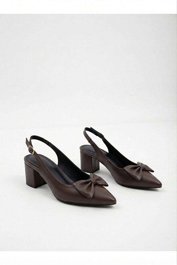 Beren Women's Brown Bow Tie Open Back 5 cm Heeled Shoes