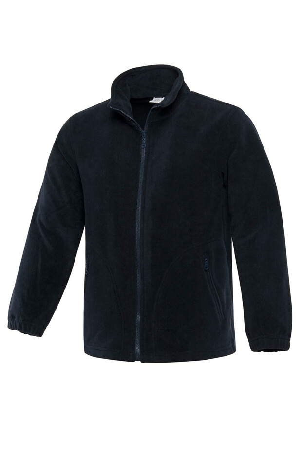 Men's Navy Blue Zippered Fleece Coat with Pockets, Adjustable Drawstring Detail, Elastic Cuffs, Stand-Up Collar