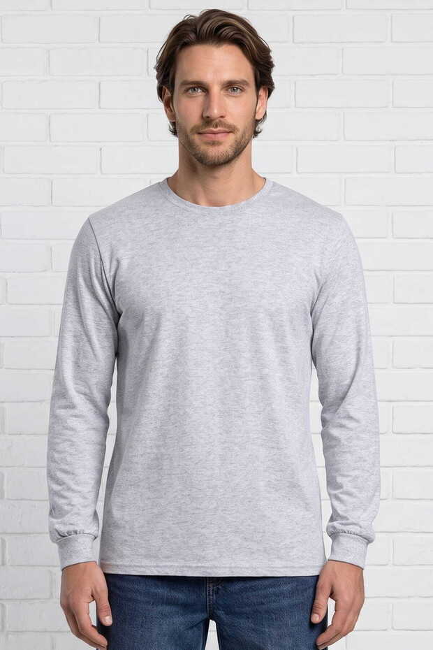 Combed Cotton T-Shirt Long Sleeve Men's Gray Melange