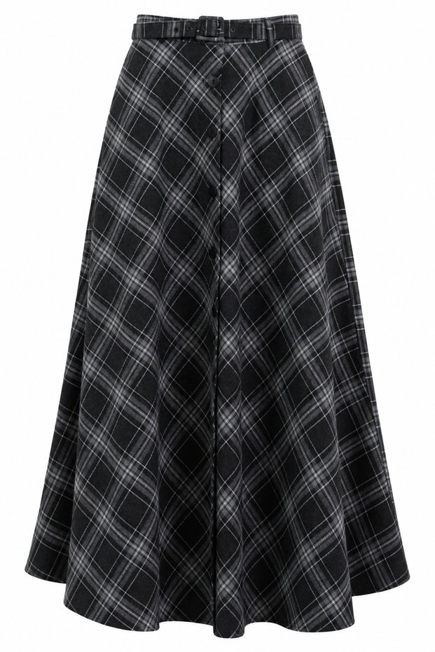 Smoked Gray Buttoned Plaid Skirt