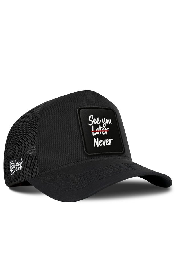 See You Later Never Logo Black Cordura Trucker Hat