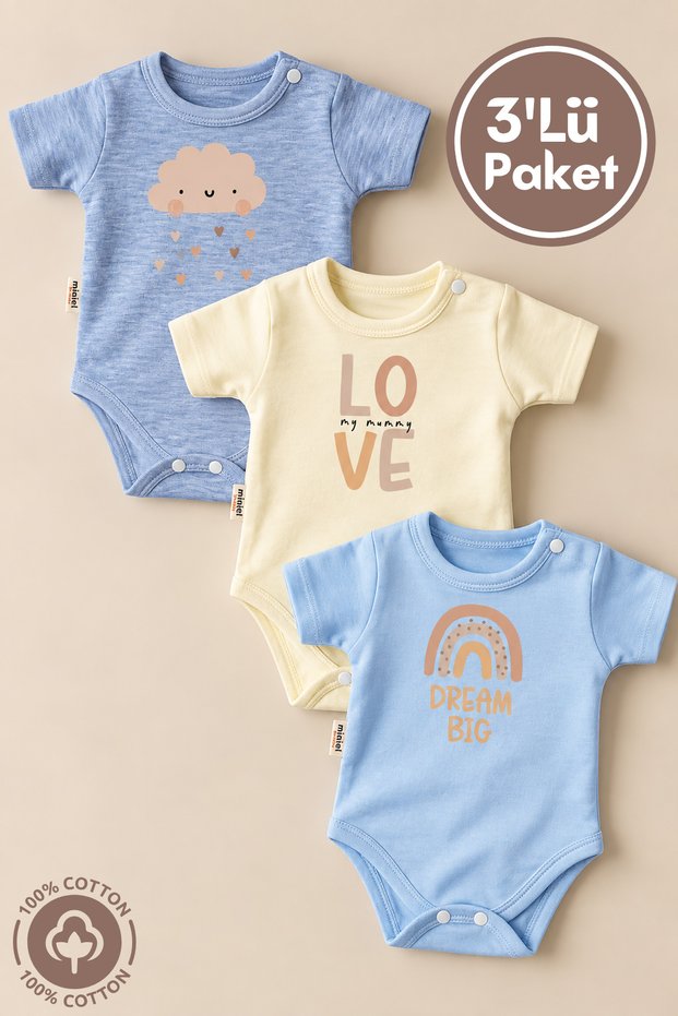 Unisex Baby 100% Organic Cotton Dream Printed 3-6-9-12 Months 3-Piece Short Sleeve Baby Bodysuit