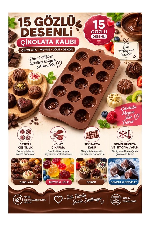 15-Eye Patterned Silicone Chocolate Mold - 20X10 cm Flexible Jelly, Candy, and Pastry Decorating Mold