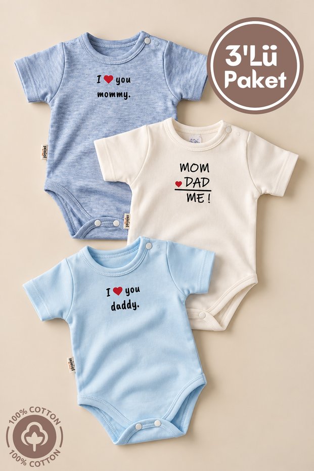 Unisex Baby 100% Cotton I Love Family Printed 0-12 Months 3-Piece Short Sleeve Baby Bodysuit Set