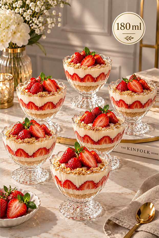 6-Piece Glass Footed Ice Cream Bowl Magnolia Dessert Presentation Bowl 180ml