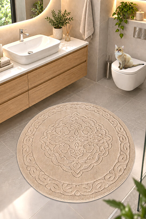 Cotton Woven Water Absorbent Bath Mat, Bathroom Carpet Royal 120 X 120 cm Beige