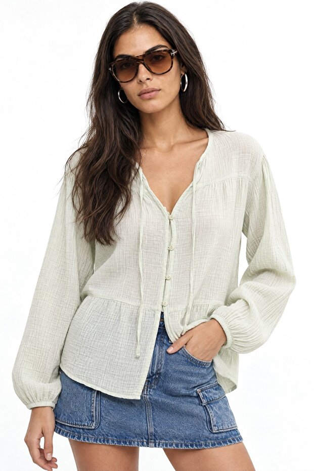 Mixray Lace-Up Collar Loose Long Sleeve Shirt