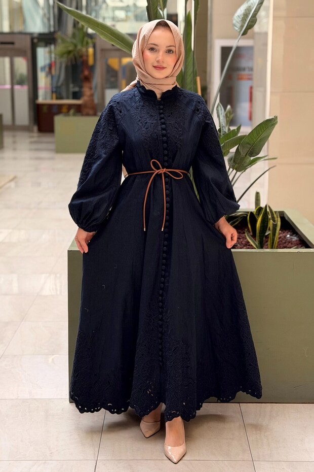 Floral Embroidery Embellished Full-Length French Buttoned Lined Dress