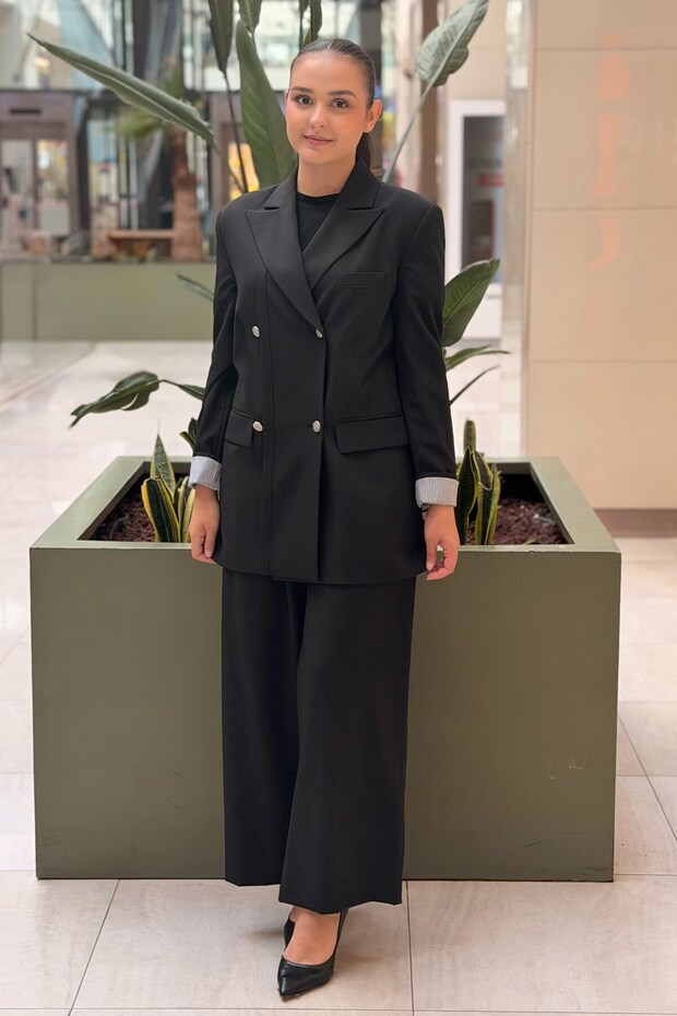 Double-Breasted Collar Jacket with Openable Back Button Detail and Trouser Set