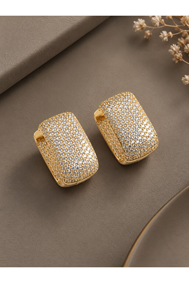 Gold Color Full Zircon Stone Square Hoop Women's Earrings