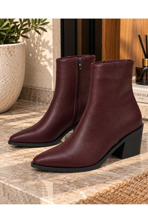 Women's Burgundy Leather Pointed Toe Ankle Heeled Boots